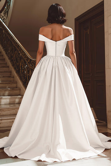 White Off the Shoulder Satin Sweep Train Wedding Dress with Slit